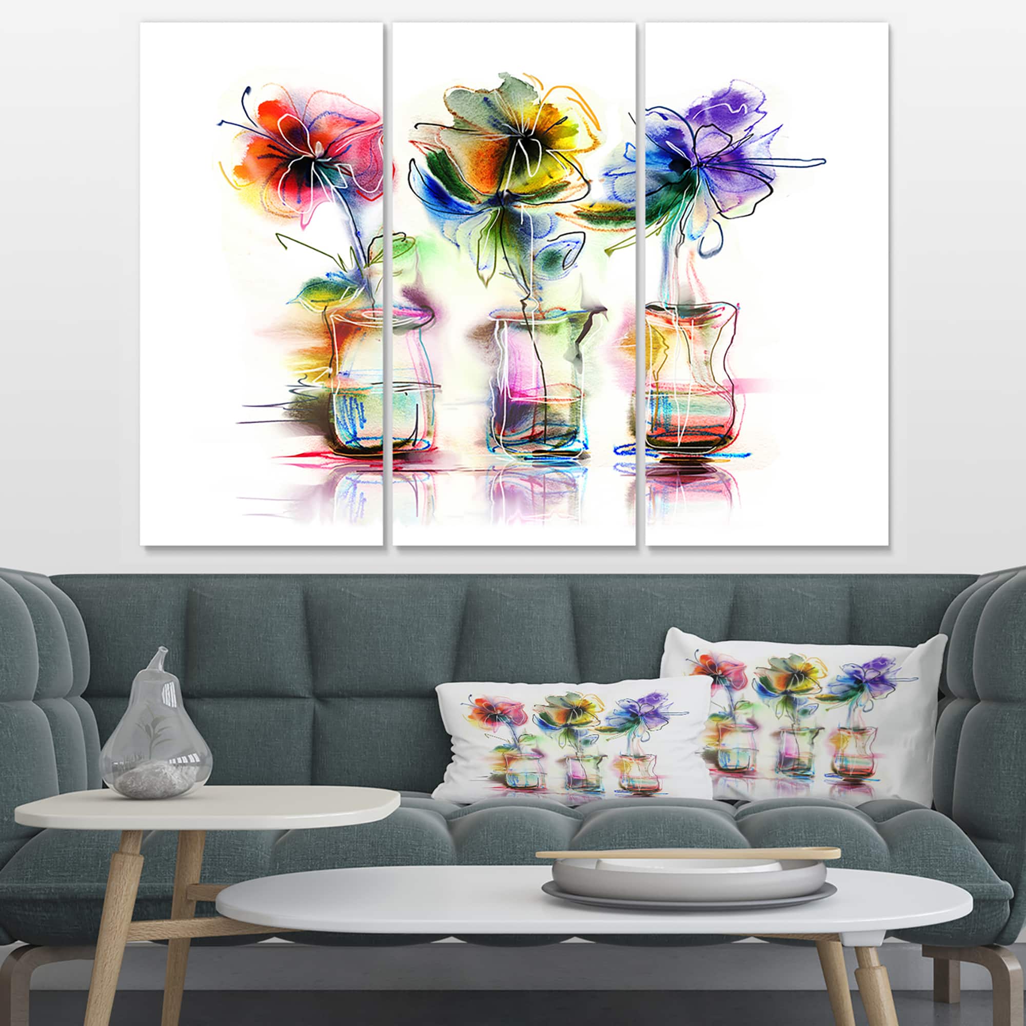 Designart - Abstract Flowers in Glass Vases - Extra Large Floral Wall Art
